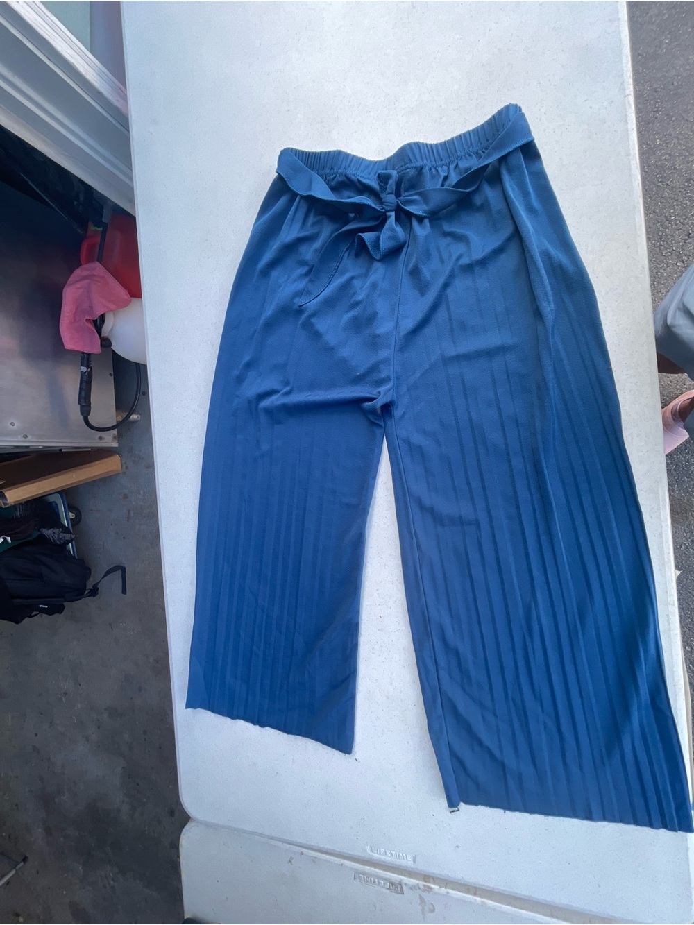 Wide-Leg Pleated Navy Tie-Waist Pants